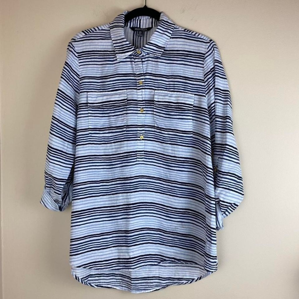ELLEN‎ TRACY 100% Linen Striped Blouse women size medium